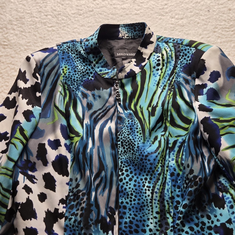 Molly & Maxx Jacket Womens Small Blue Animal Print Satin Full Zip Lined Stretch